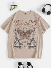 SHEIN EZwear 夏季大码蝴蝶和字母图案落肩 T 恤 - 卡其色 - 查看 1