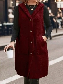 SHEIN LUNE 大碼單排扣連帽馬甲外套 - 酒紅色 - 查看 5