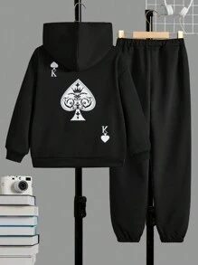 SHEIN 十幾歲男孩連帽衫和褲子套裝,桃心印花設計 - 黑色 - 查看 2
