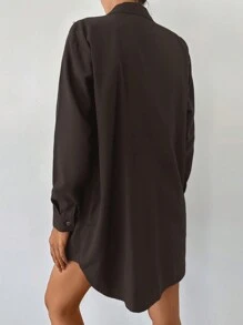 SHEIN Cottnline Women's Rhinestone Studded Drop Shoulder Shirt - Brown - View 2