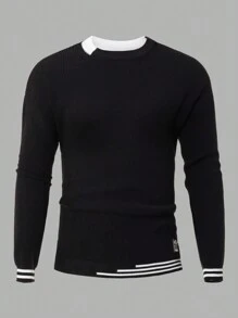 RueChic Men Patched Detail Striped Pattern Sweater - Black - View 3
