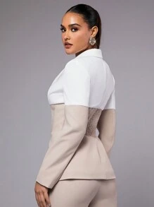 SHEIN BAE Two-tone Hook-and-eye Closure Blazer With Lapel Collar - Khaki - View 3