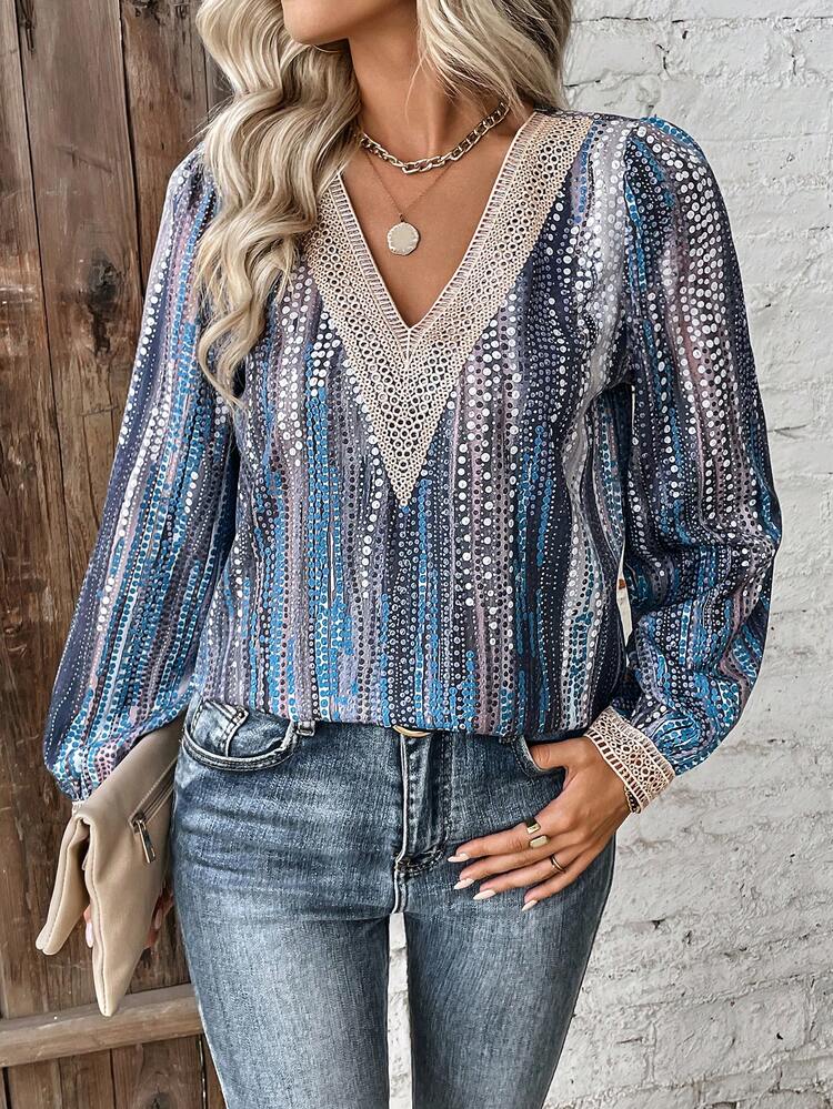 V-neckline Round Ring Lace Blouse With Sequin Detail