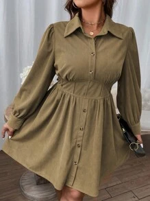 Flirla Kích thước lớn Của phụ nữ Áo sơ mi Eo Váy có thắt lưng - xanh quân đội - Xem 3
