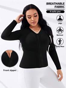 Easithlete Hơn Chất rắn Dây kéo Jacket thể thao - màu đen - Xem 3