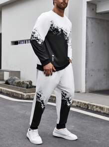 Manfinity LEGND Men Plus Color Block Letter Printed Sweatshirt And Sweatpants Set - Black and White - View 4