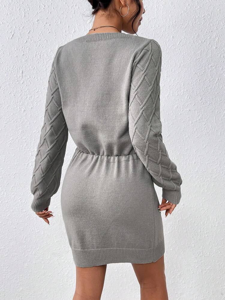 Gray Sweater Dress With Waist Tie Fall Cloth For Women