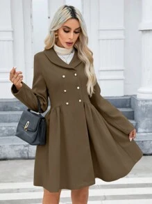 SHEIN Privé Women's Double-breasted Woolen Coat - Coffee Brown - View 3