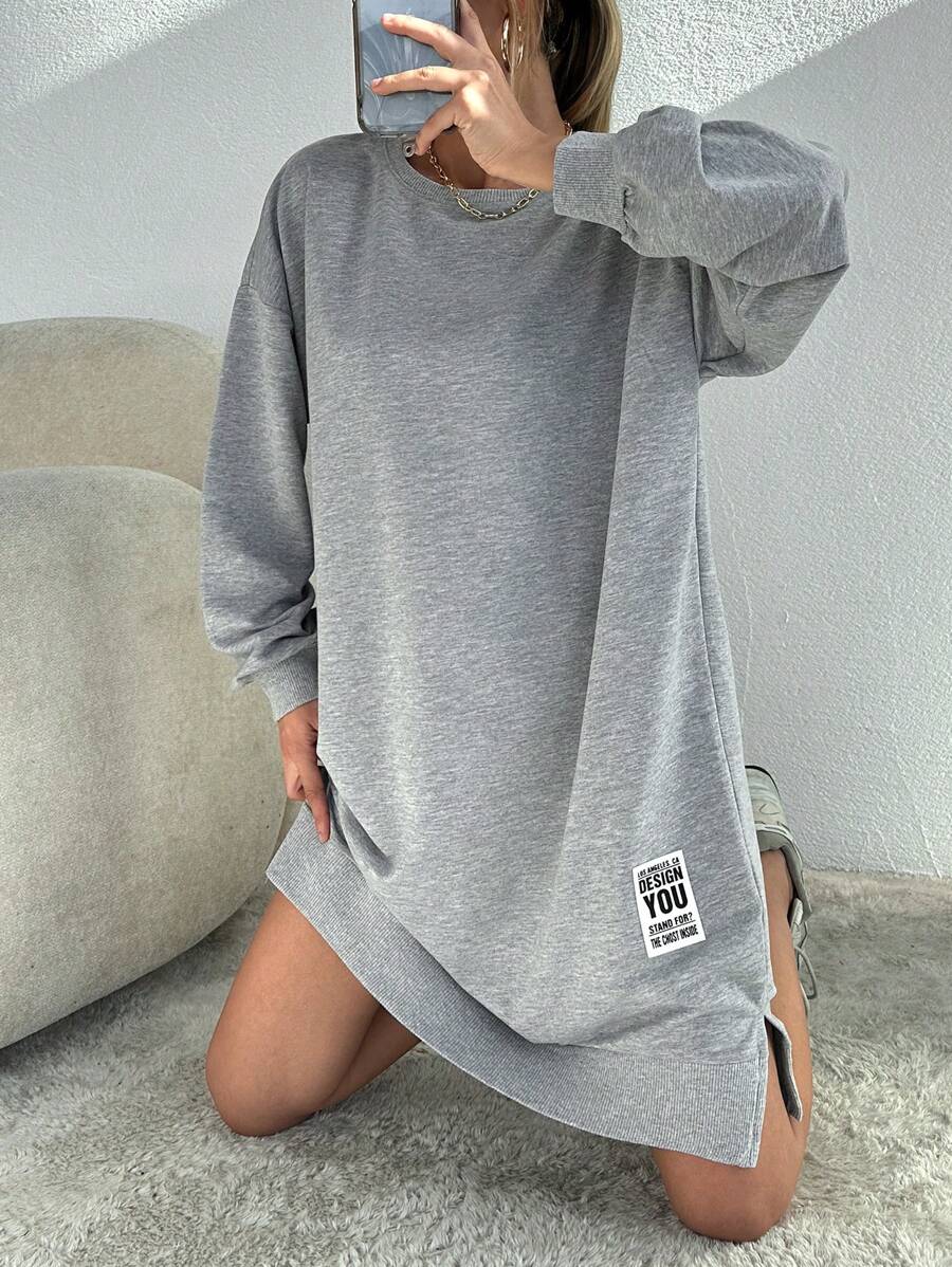 SHEIN Cottnline Của phụ nữ Dài Viền chia cắt Áo nỉ - Xám - Xem 1