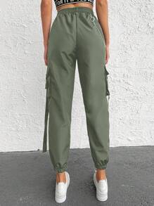EURMUSE Elastic Waist Chain Detail Jogger Pants - Dark Green - View 2