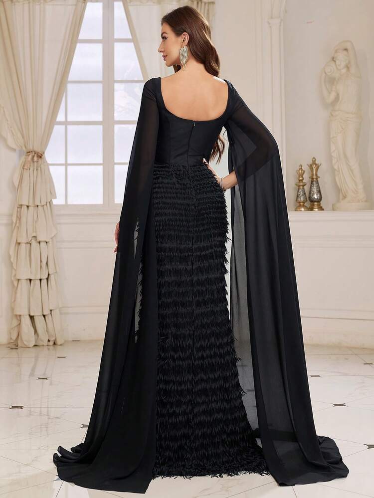 Women's Evening Formal Dress With Notched Neckline, Extra Long Flowy Sleeves And Fishbone-shaped Panel