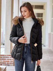 Anewsta Áo khoác có mũ trùm đầu cổ lông dành cho nữ - màu đen - Xem 4