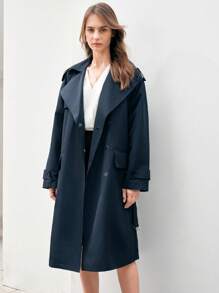 Anewsta Ladies Lapel Snap-Button Trench Coat - Navy Blue - View 6