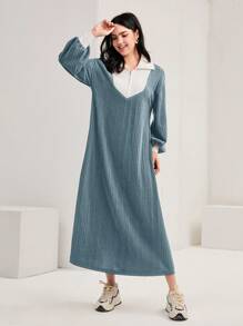 Mulvari 女款拼色領羅紋連身裙 - 藍白色 - 查看 1