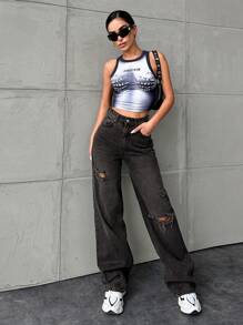 RueChic Jeans De Cintura Alta Lavados Com Buracos Desfiados - Preto - Ver 5
