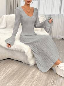SHEIN Privé Women's V-neck Flared Sleeve Sweater Dress - Grey - View 6
