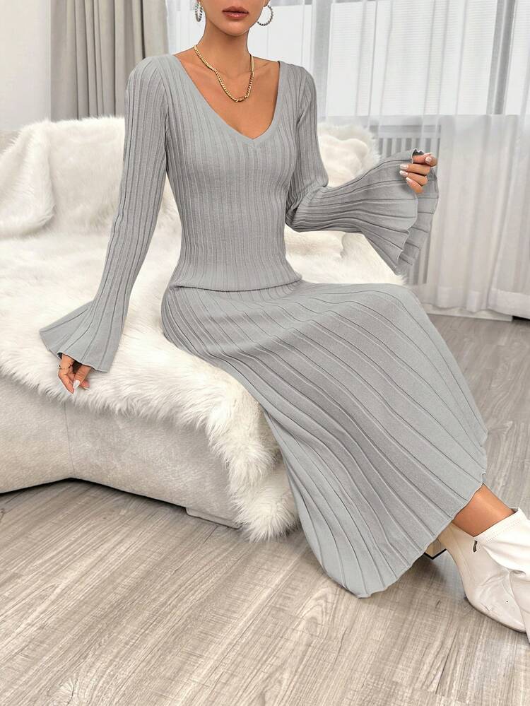 Women's V-neck Flared Sleeve Sweater Dress