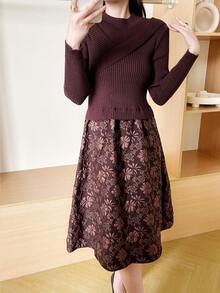 素色條紋針織毛衣洋裝 - 咖啡棕 - 查看 4