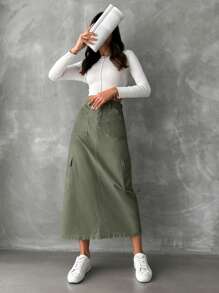 EURMUSE Women's Cargo Style Denim Pocket Skirt - Khaki - View 4