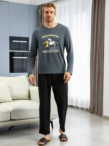 Men's Cartoon Letter Printed Homewear Top - Grey - View 6