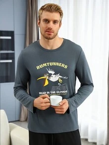 Men's Cartoon Letter Printed Homewear Top - Grey - View 4