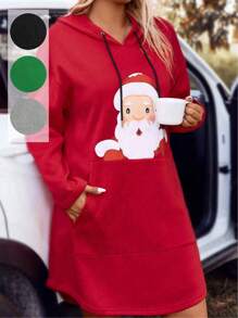 SHEIN LUNE 大碼聖誕圖案落肩袖抽繩連帽洋裝 - 灰色 - 查看 1