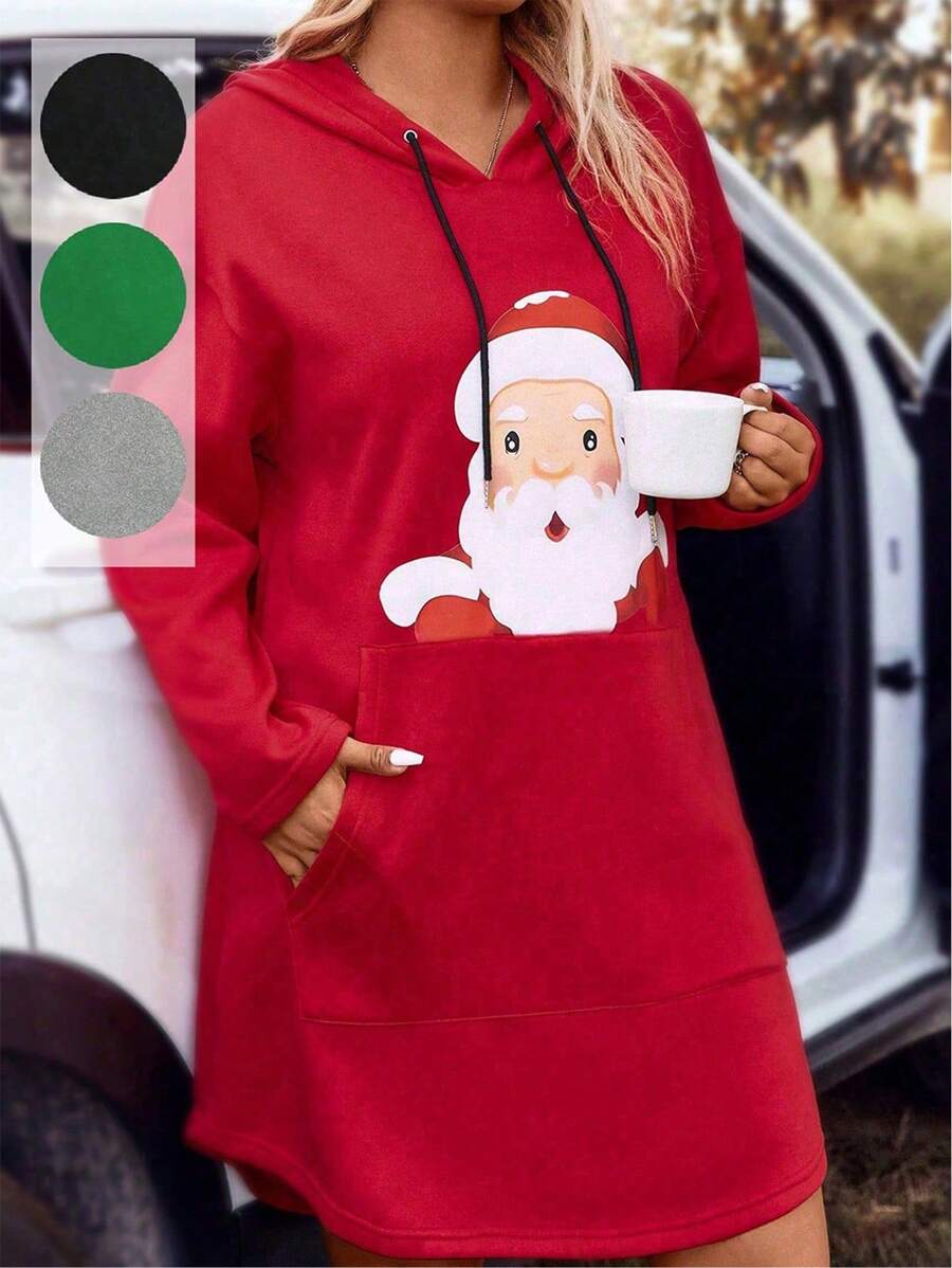 SHEIN LUNE 大碼聖誕圖案落肩袖抽繩連帽洋裝 - 灰色 - 查看 1