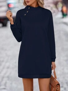 SHEIN LUNE Solid Color Half Turtleneck Sweatshirt Dress - Navy Blue - View 1