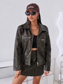 Aveloria Pu Water-Washed & Distressed Ladies' Two-Piece Set Fall Cloth For Women - Dark Green - View 3