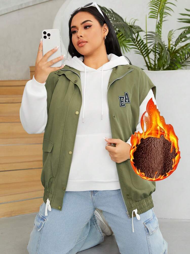Plus Letter Patched Flap Pocket Drawstring Hem Vest Jacket Without Hoodie