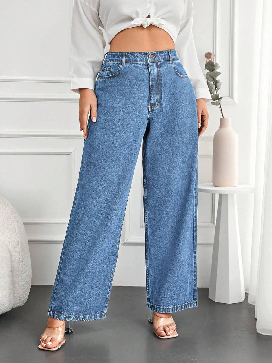 EURMUSE Plus Size Women's Wide-leg Denim Pants - Medium Wash - View 1