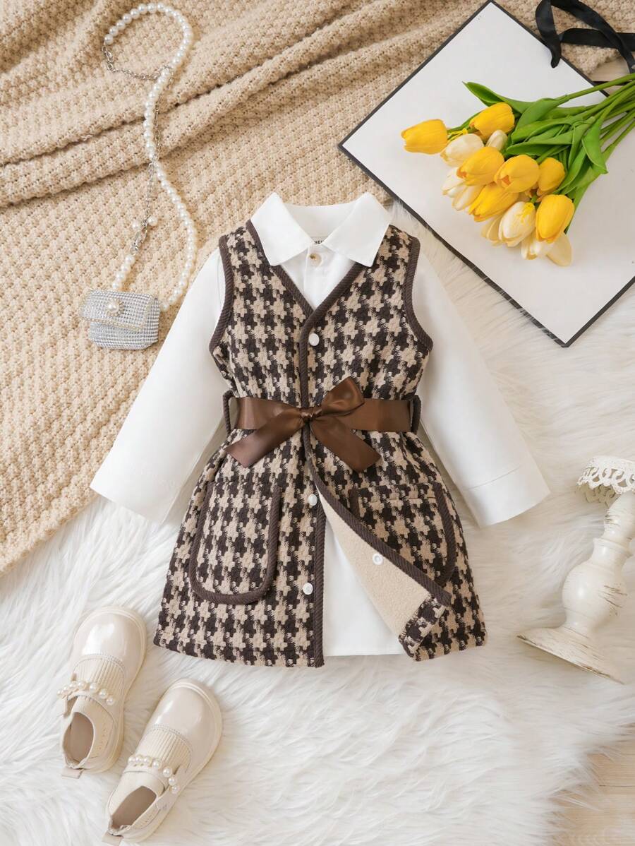 SHEIN Baby Girls' Thick Woolen Network Vest Jacket And Plaid Shirt Set, Spring/Autumn/Winter, For Christmas - Khaki - View 1