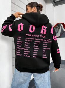 Flirla Của phụ nữ Kích thước lớn In thư Dây rút Áo nỉ có mũ - màu đen - Xem 3