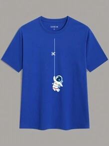 男士太空人卡通圖案印花t恤 - 寶藍色 - 查看 1