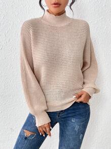 SHEIN LUNE Women's Half High Neck Lantern Sleeve Knit Pullover Fall Winter Sweater - Pink - View 1