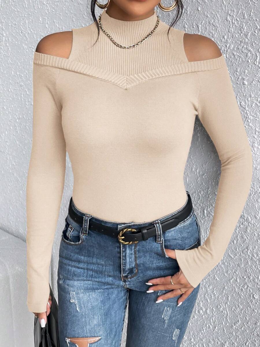 SHEIN BAE 女式長袖冷肩半高領毛衣 - 卡其色 - 查看 1