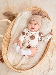 SHEIN Bộ 2 món đồ liền thân dài tay in hình gấu hoạt hình vui nhộn cho bé trai/bé gái mùa thu, chất liệu vải thoải mái, thích hợp mặc hàng ngày, lựa chọn của mẹ - Nhiều màu - Xem 5