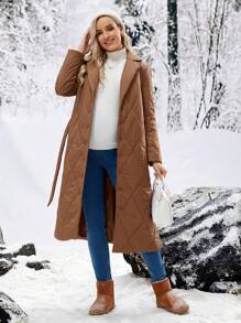 SHEIN Maternity Diamond Quilted Stitching Long Coat, For Winter - Rust Brown - View 4