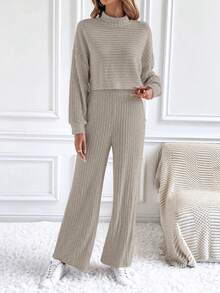 SHEIN Frenchy Conjunto De Camiseta Recortada Tejida Con Costilla Y Pantalones Largos Con Hombros Caídos - Albaricoque - Ver 5