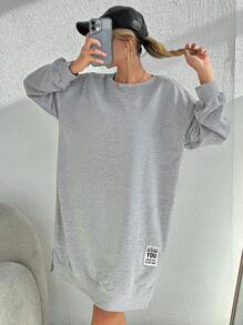 SHEIN Cottnline Của phụ nữ Dài Viền chia cắt Áo nỉ - Xám - Xem 4