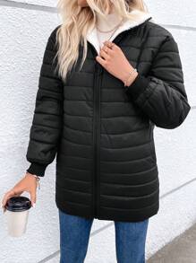 SHEIN Essnce 拉链毛绒衬里加厚棉服外套冬季 - 黑色 - 查看 5
