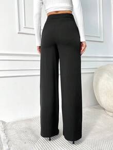 EURMUSE Solid Color Button Detailed Suit Pants - Black - View 2