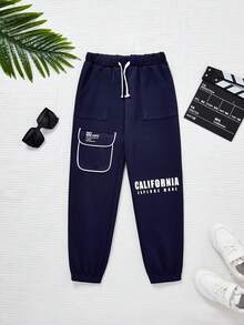 SHEIN 男童休閒運動拼接口袋字母印花加厚暖襯汗褲,冬季 - 藏蓝色 - 查看 4