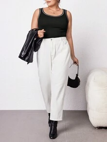 SHEIN Essnce Camiseta Sin Mangas De Talla Grande Para Mujer Con Costuras En Contraste - Negro - Ver 4