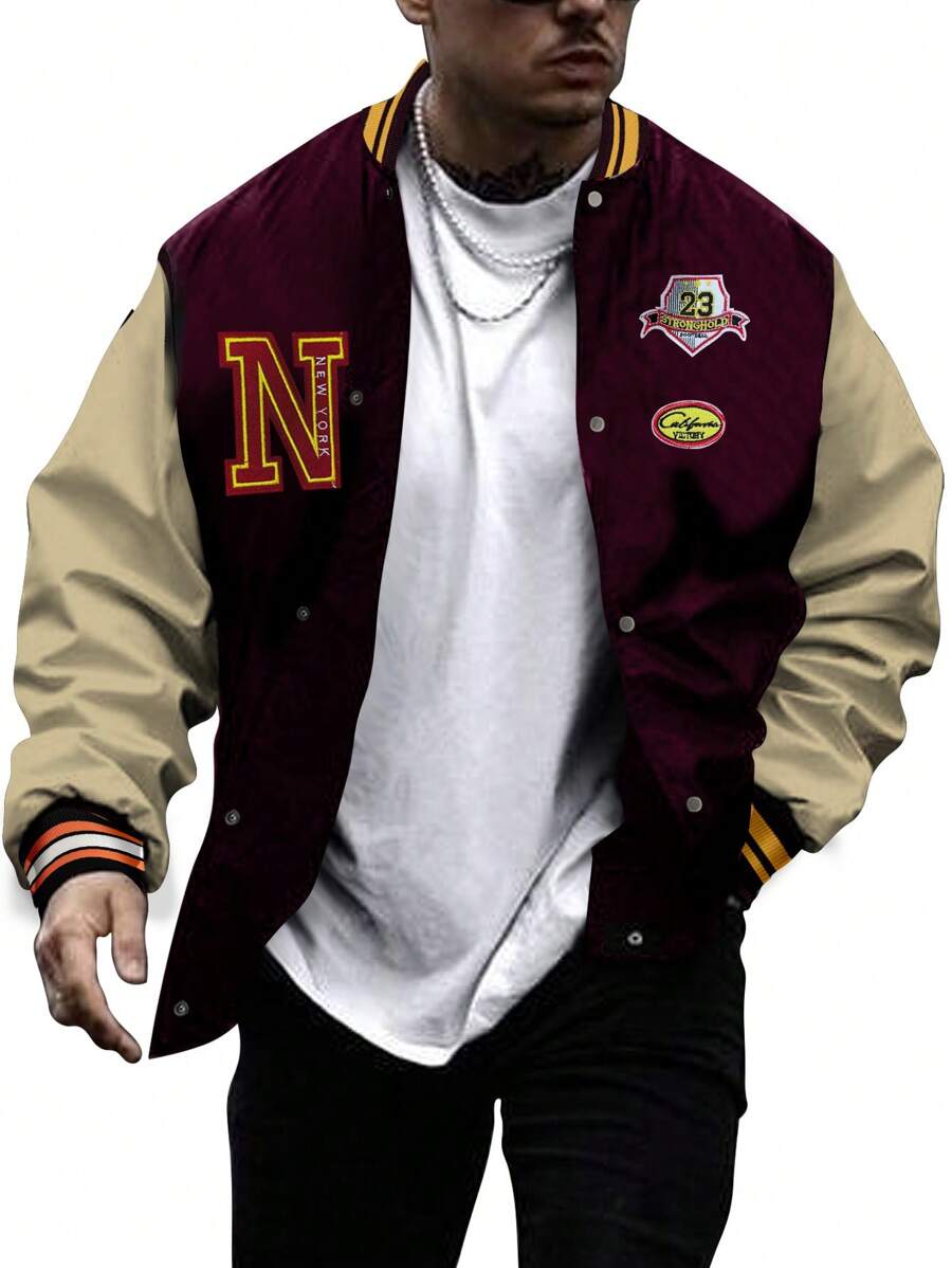 Manfinity Roughcore Men Letter Patched Striped Trim Colorblock Varsity Jacket - Multicolor - View 1