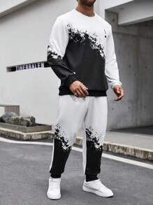 Manfinity LEGND Men Plus Color Block Letter Printed Sweatshirt And Sweatpants Set - Black and White - View 5