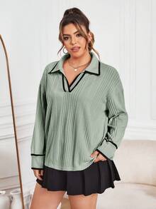 SHEIN Essnce 女式大尺碼裝飾邊緣 T 卹 - 綠色 - 查看 5