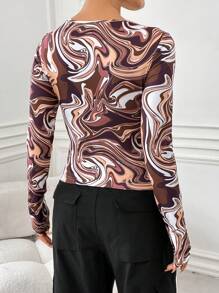 SHEIN EZwear قميص بنات جيرسي مع نمط موجة الماء - بني - مشاهدة 2