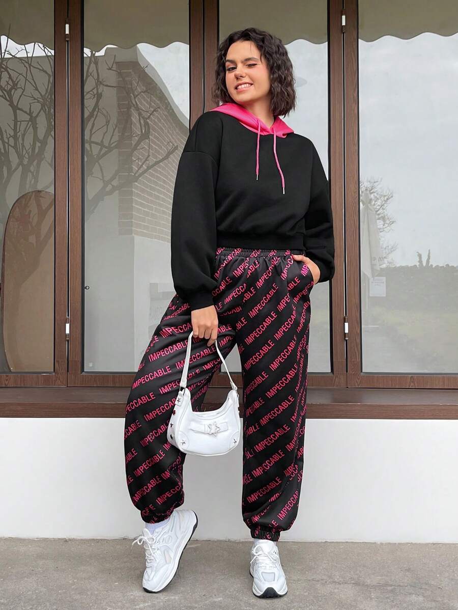 SHEIN EZwear 女性加大碼彩塊系帶連帽衫和字母印花運動褲套裝 - 彩色 - 查看 1