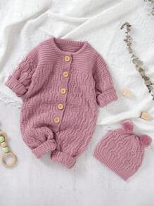 Infant Button Up Sweater Jumpsuit - Pink - View 1
